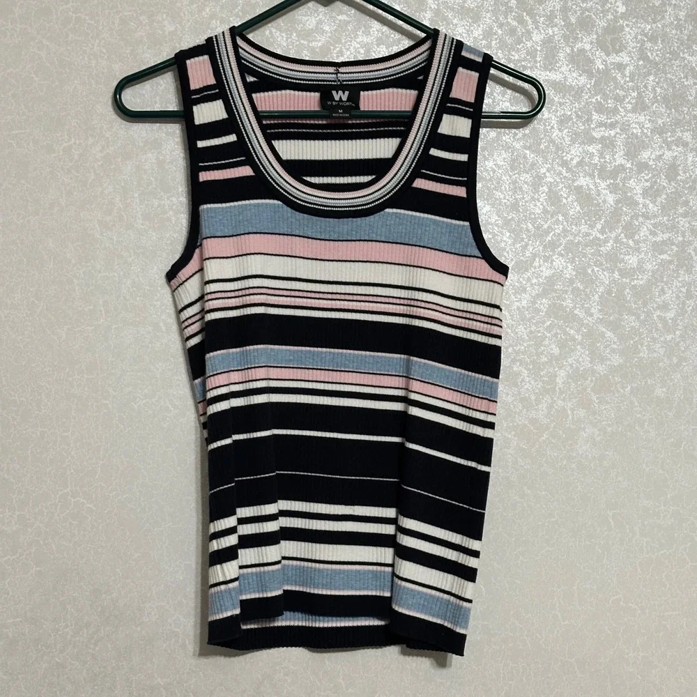 W By Worth Striped Tank Top & Cardigan Set Ribbed Knit Pink Blue White Black M L